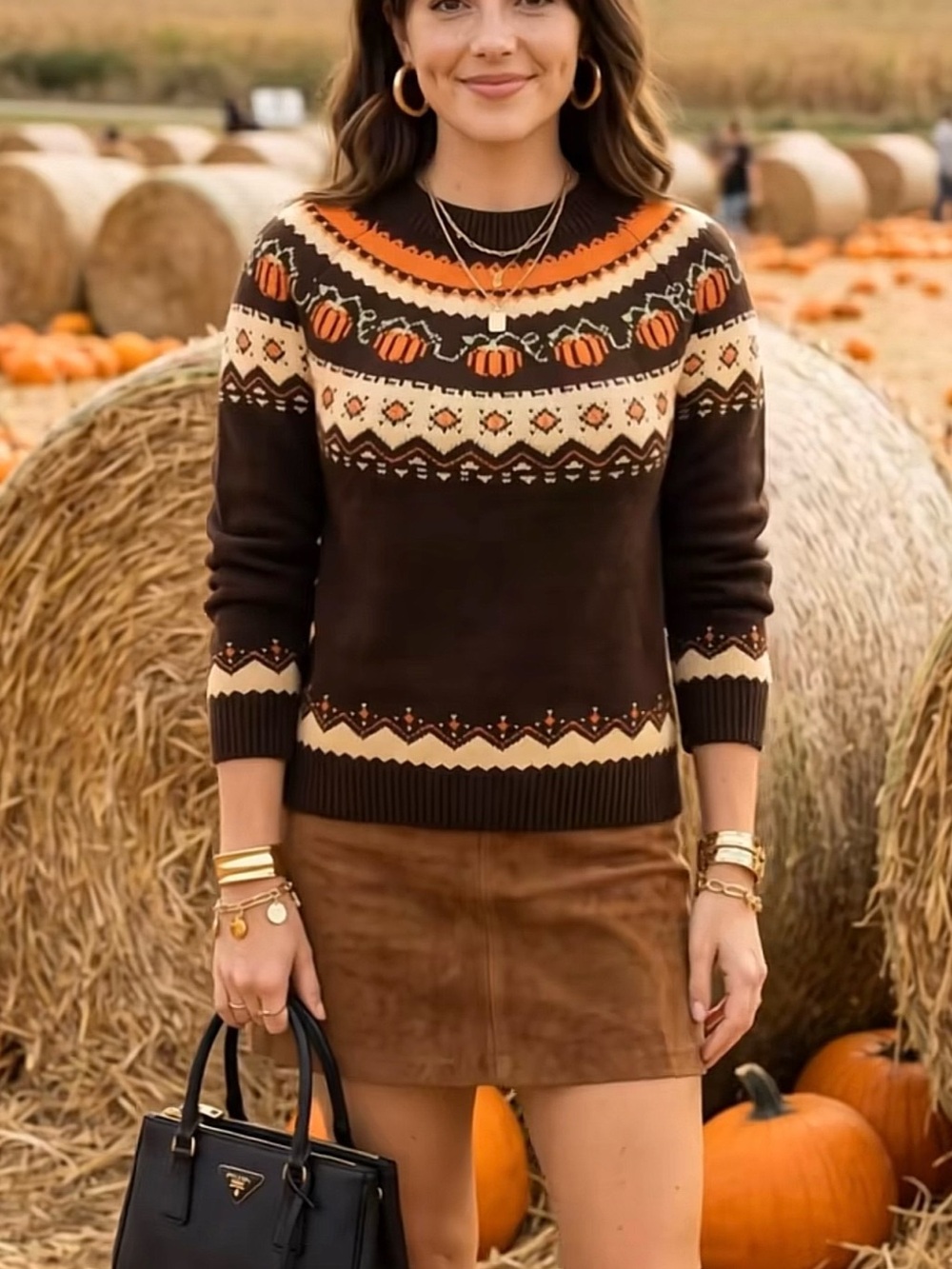 Women's Brown Pumpkin Fair Isle Crewneck Sweater XL